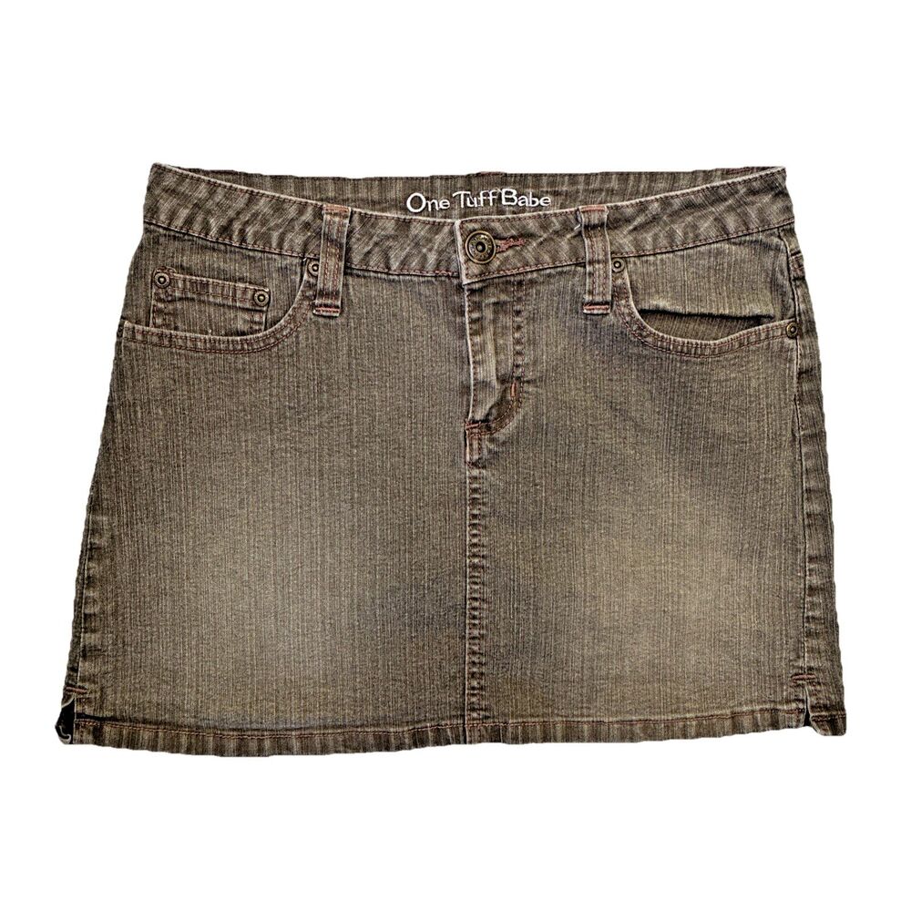 Vintage Y2K Micro Mini Jean Skirt Sz 11 Brown Faded Wash Denim Low Rise Festival